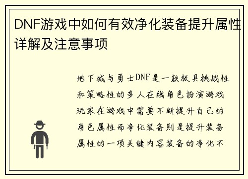 DNF游戏中如何有效净化装备提升属性详解及注意事项